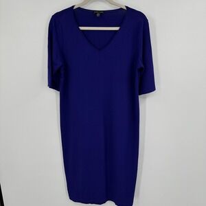 Eileen Fisher Dress Womens Medium Blue V Neck Short Sleeve‎ Knee Length Stretchy